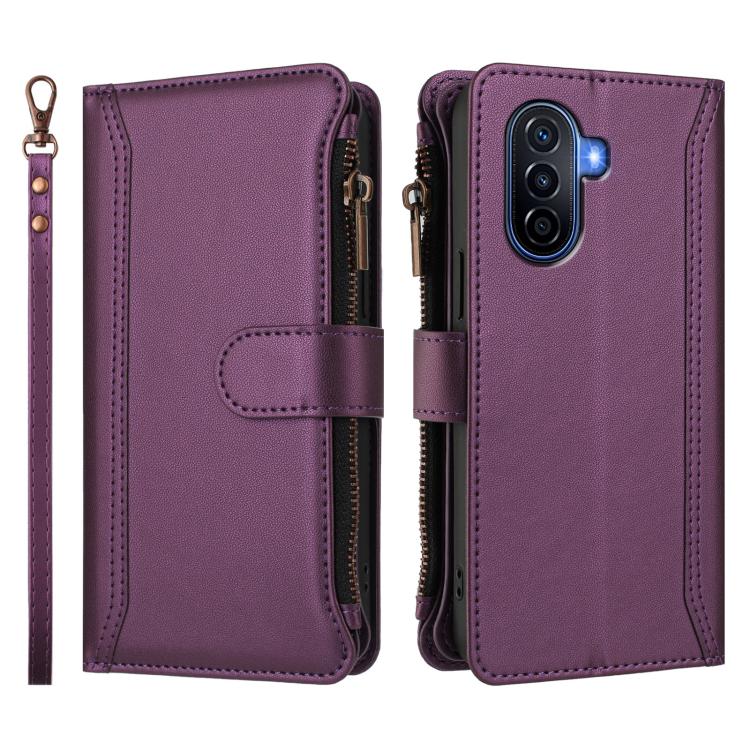 For Huawei Enjoy 50 4G Magnetic Closure 9 Card Slots Zipper Leather Case with Hand Strap