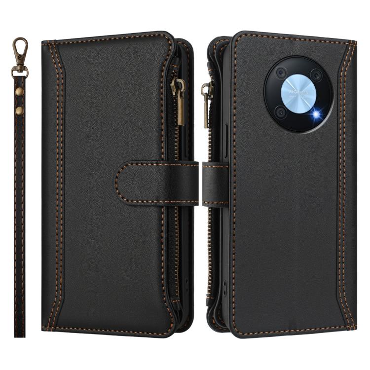 For Huawei Enjoy 50 Pro 4G Magnetic Closure 9 Card Slots Zipper Leather Case with Hand Strap