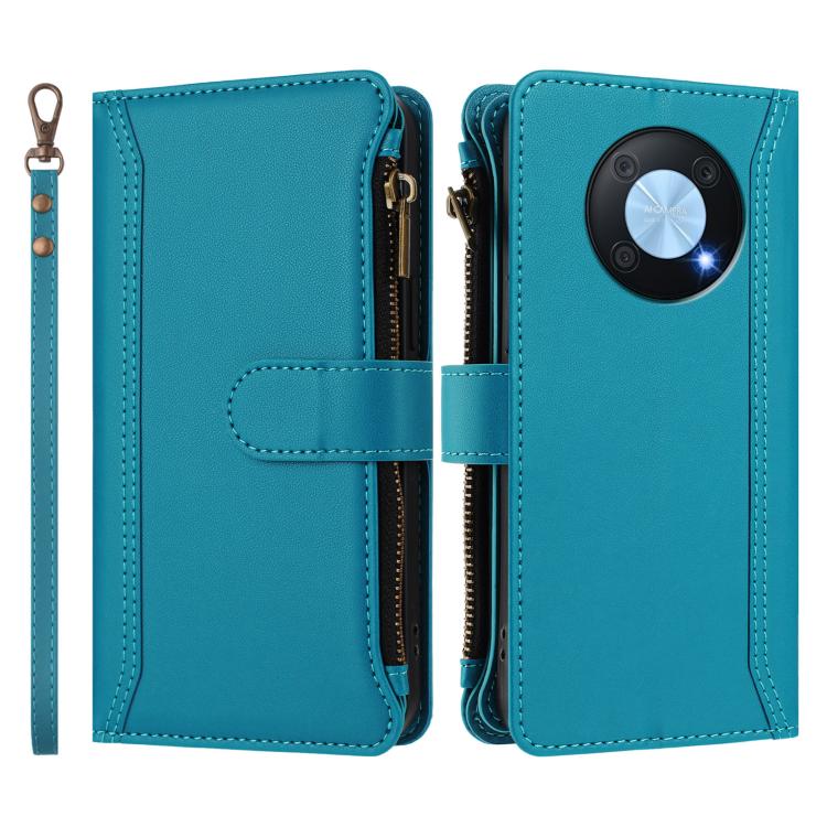 For Huawei Enjoy 50 Pro 4G Magnetic Closure 9 Card Slots Zipper Leather Case with Hand Strap