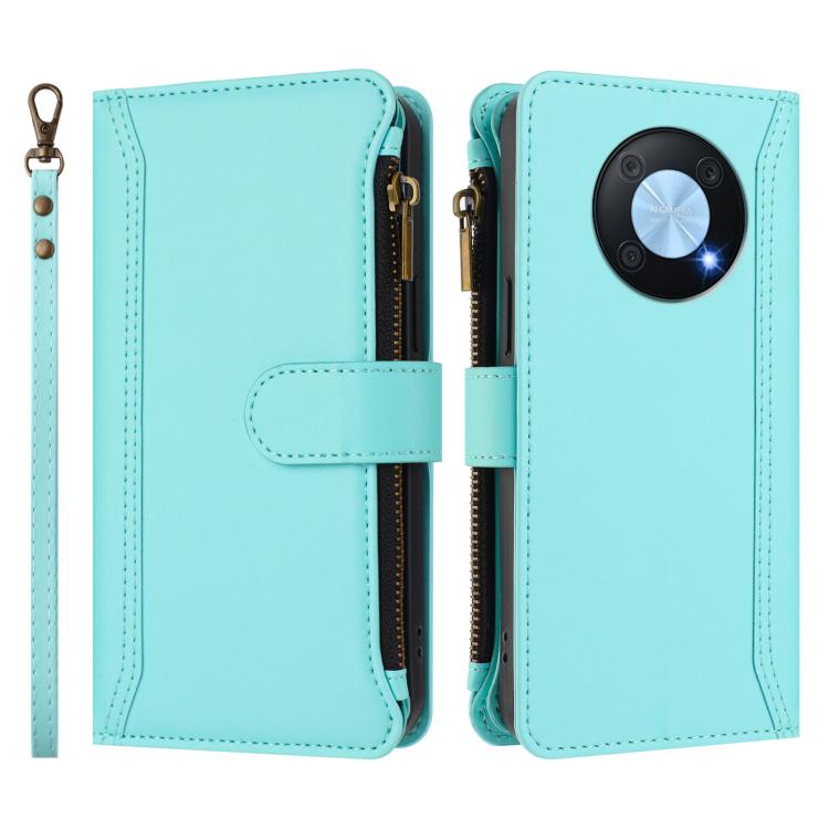 For Huawei Enjoy 50 Pro 4G Magnetic Closure 9 Card Slots Zipper Leather Case with Hand Strap