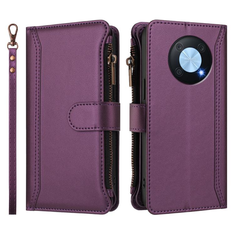 For Huawei Enjoy 50 Pro 4G Magnetic Closure 9 Card Slots Zipper Leather Case with Hand Strap