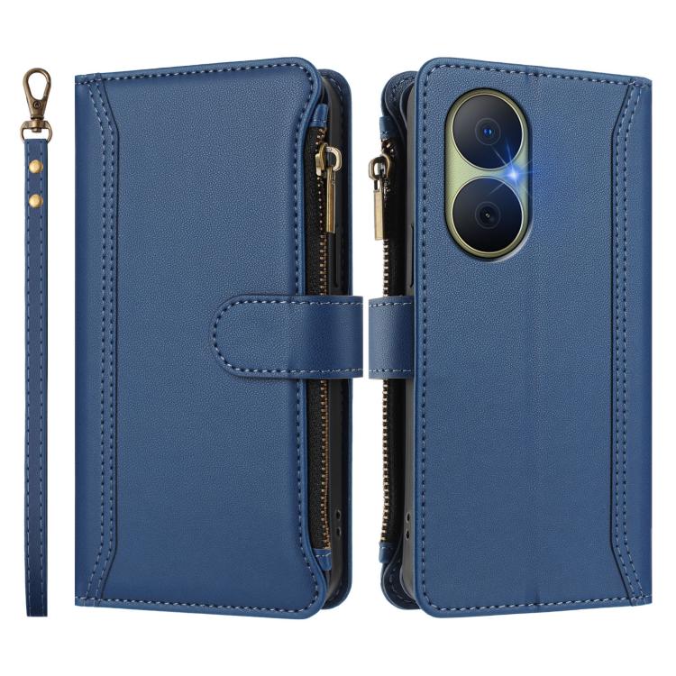 For Huawei Enjoy 80 5G Magnetic Closure 9 Card Slots Zipper Leather Case with Hand Strap