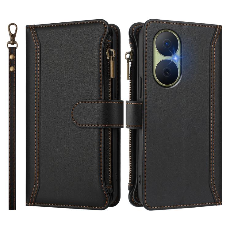 For Huawei Enjoy 80 5G Magnetic Closure 9 Card Slots Zipper Leather Case with Hand Strap
