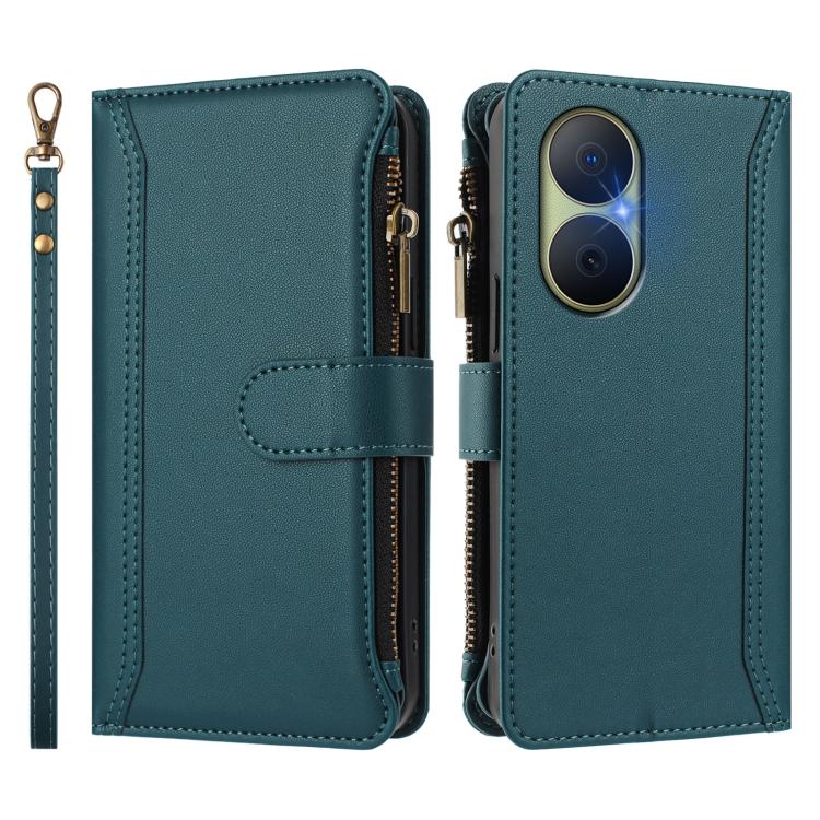 For Huawei Enjoy 80 5G Magnetic Closure 9 Card Slots Zipper Leather Case with Hand Strap