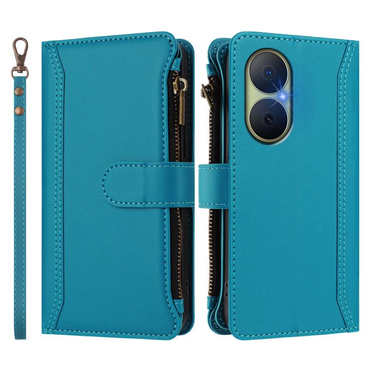 For Huawei Enjoy 80 5G Magnetic Closure 9 Card Slots Zipper Leather Case with Hand Strap