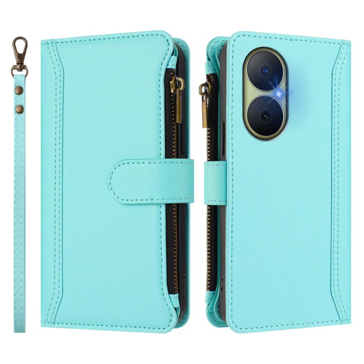 For Huawei Enjoy 80 5G Magnetic Closure 9 Card Slots Zipper Leather Case with Hand Strap