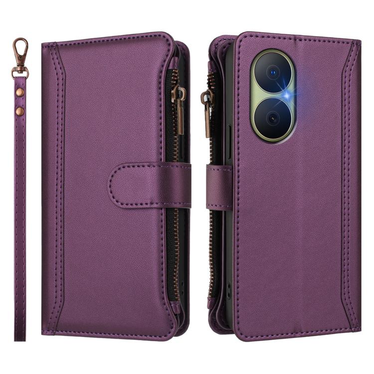 For Huawei Enjoy 80 5G Magnetic Closure 9 Card Slots Zipper Leather Case with Hand Strap