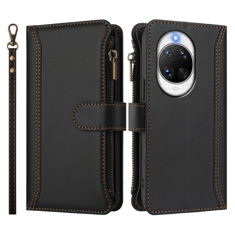 For Huawei nova 14 Pro Magnetic Closure 9 Card Slots Zipper Leather Case with Hand Strap