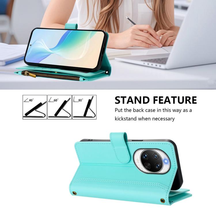 For Huawei nova 14 Pro Magnetic Closure 9 Card Slots Zipper Leather Case with Hand Strap