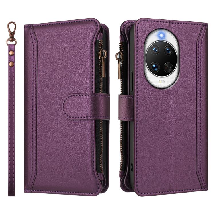 For Huawei nova 14 Pro Magnetic Closure 9 Card Slots Zipper Leather Case with Hand Strap
