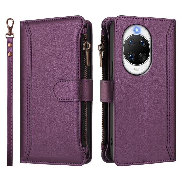 For Huawei nova 14 Ultra Magnetic Closure 9 Card Slots Zipper Leather Case with Hand Strap