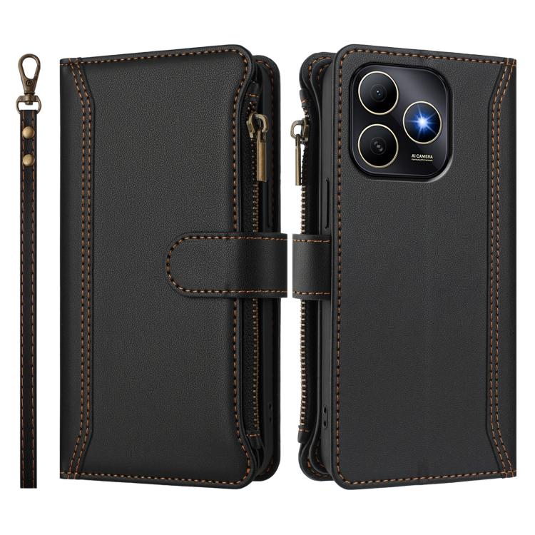 For Huawei Enjoy 80s 4G Magnetic Closure 9 Card Slots Zipper Leather Case with Hand Strap
