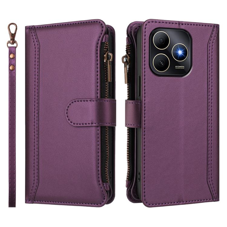 For Huawei Enjoy 80s 4G Magnetic Closure 9 Card Slots Zipper Leather Case with Hand Strap