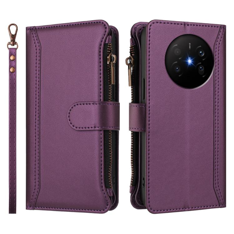 For Huawei Mate 70 Air 5G Magnetic Closure 9 Card Slots Zipper Leather Case with Hand Strap