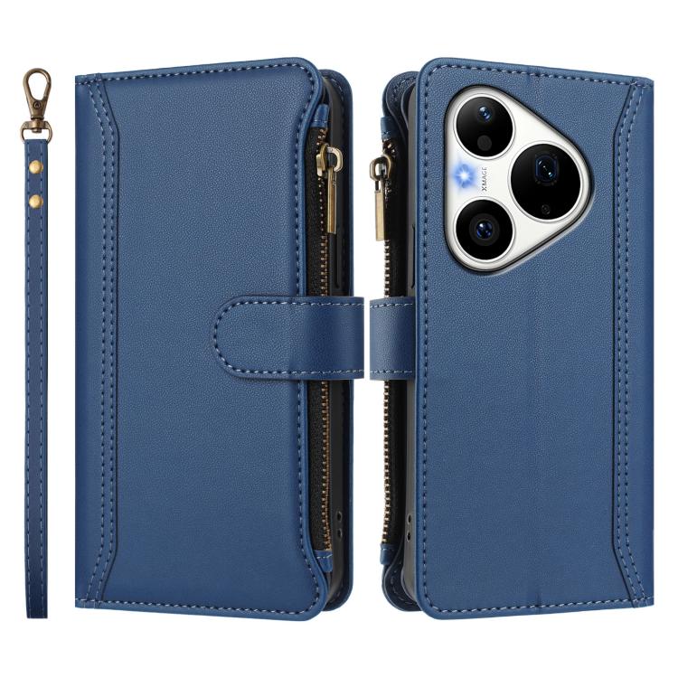 For Huawei Pura 90 Pro 5G Magnetic Closure 9 Card Slots Zipper Leather Case with Hand Strap