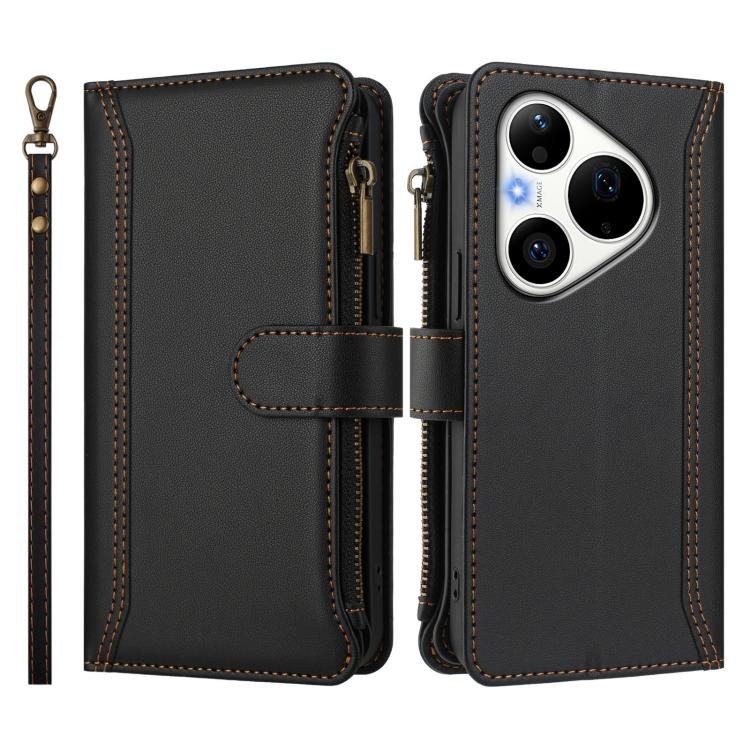 For Huawei Pura 90 Pro 5G Magnetic Closure 9 Card Slots Zipper Leather Case with Hand Strap
