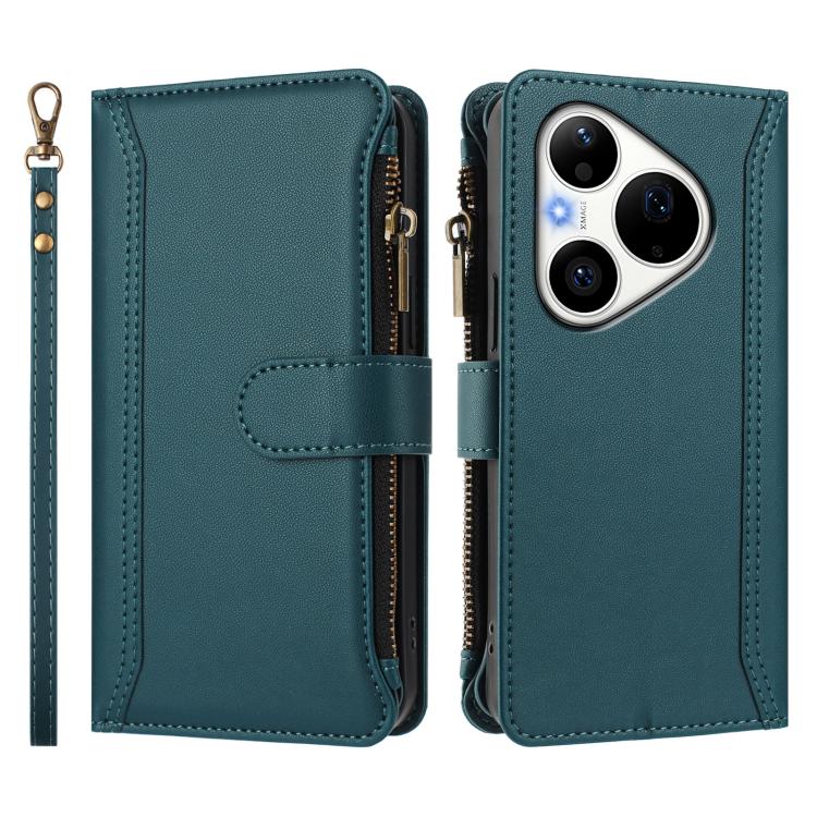For Huawei Pura 90 Pro 5G Magnetic Closure 9 Card Slots Zipper Leather Case with Hand Strap