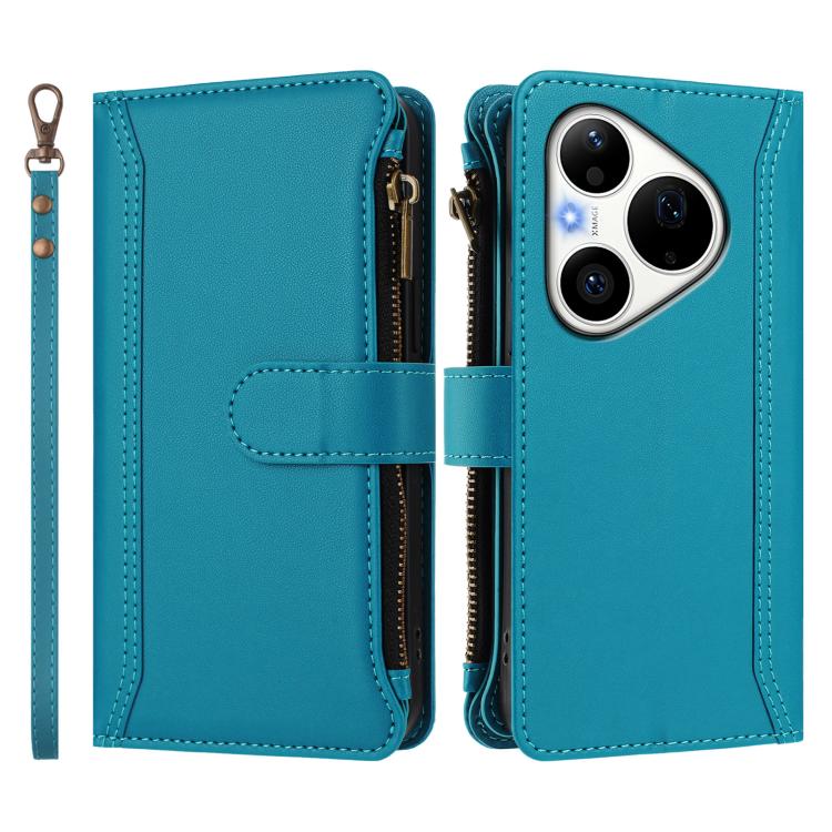 For Huawei Pura 90 Pro 5G Magnetic Closure 9 Card Slots Zipper Leather Case with Hand Strap