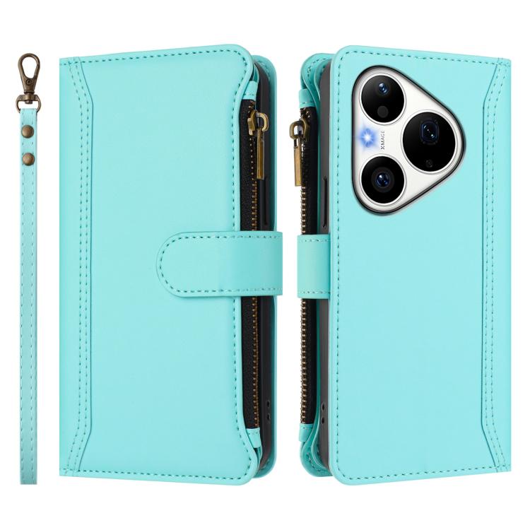 For Huawei Pura 90 Pro 5G Magnetic Closure 9 Card Slots Zipper Leather Case with Hand Strap