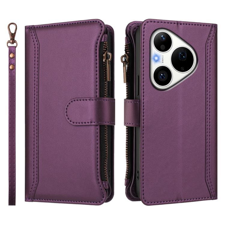For Huawei Pura 90 Pro 5G Magnetic Closure 9 Card Slots Zipper Leather Case with Hand Strap