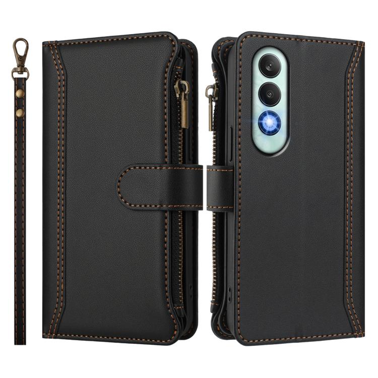 For OnePlus Nord CE4 5G Magnetic Closure 9 Card Slots Zipper Leather Case with Hand Strap