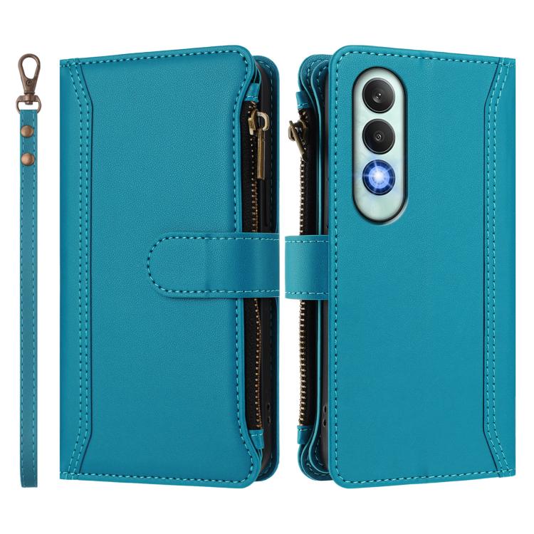 For OnePlus Nord CE4 5G Magnetic Closure 9 Card Slots Zipper Leather Case with Hand Strap