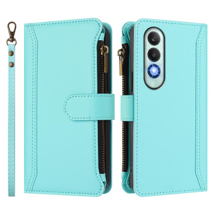 For OnePlus Nord CE4 5G Magnetic Closure 9 Card Slots Zipper Leather Case with Hand Strap