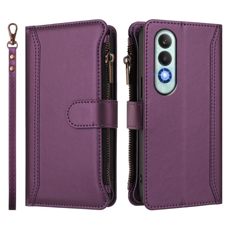 For OnePlus Nord CE4 5G Magnetic Closure 9 Card Slots Zipper Leather Case with Hand Strap