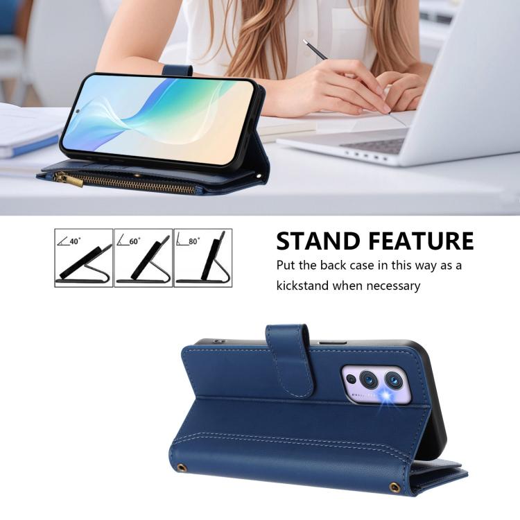 For OnePlus 9 Magnetic Closure 9 Card Slots Zipper Leather Case with Hand Strap