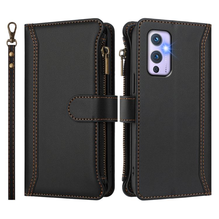 For OnePlus 9 Magnetic Closure 9 Card Slots Zipper Leather Case with Hand Strap