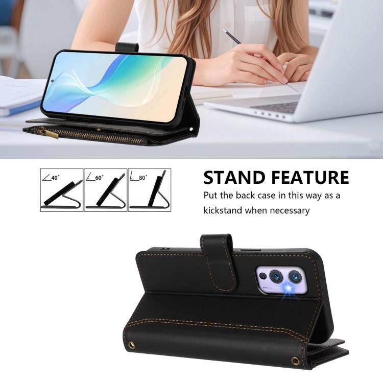 For OnePlus 9 Magnetic Closure 9 Card Slots Zipper Leather Case with Hand Strap