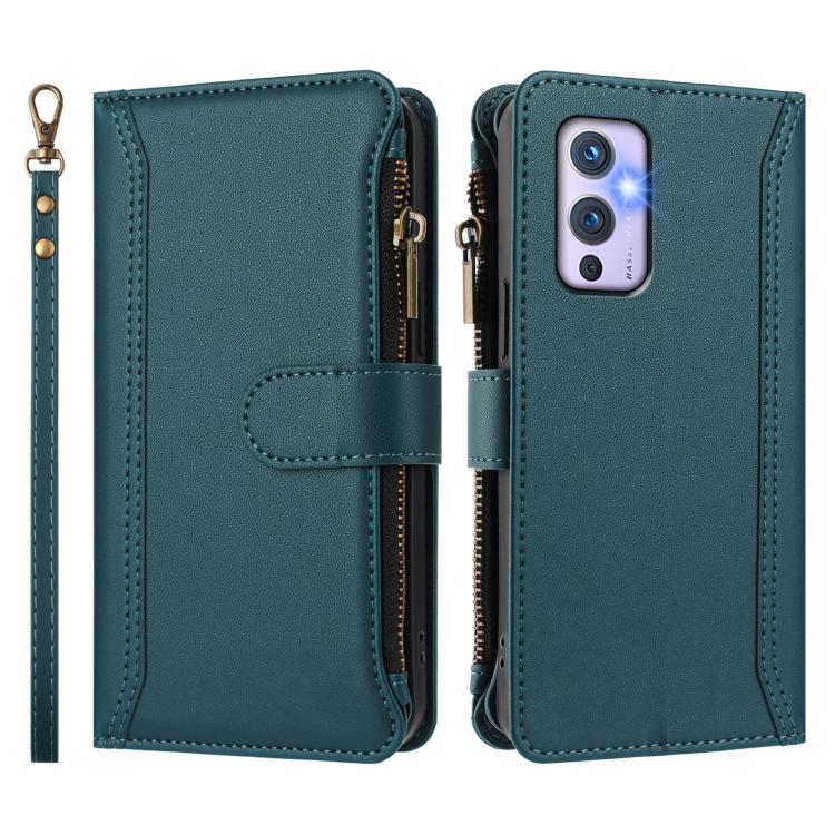 For OnePlus 9 Magnetic Closure 9 Card Slots Zipper Leather Case with Hand Strap