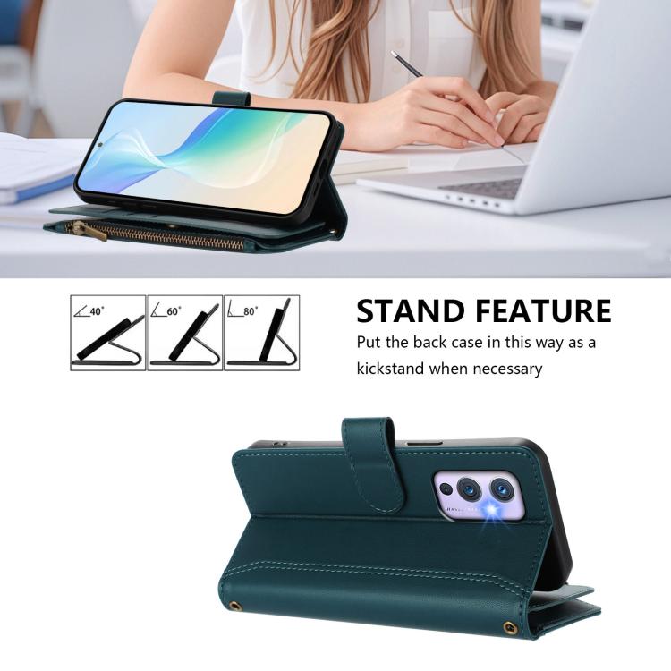 For OnePlus 9 Magnetic Closure 9 Card Slots Zipper Leather Case with Hand Strap