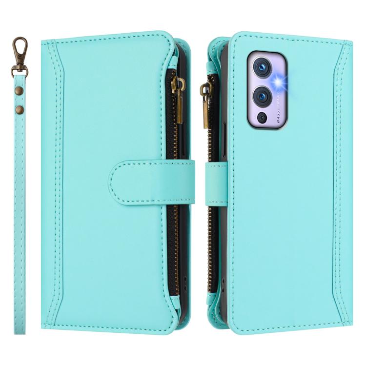 For OnePlus 9 Magnetic Closure 9 Card Slots Zipper Leather Case with Hand Strap