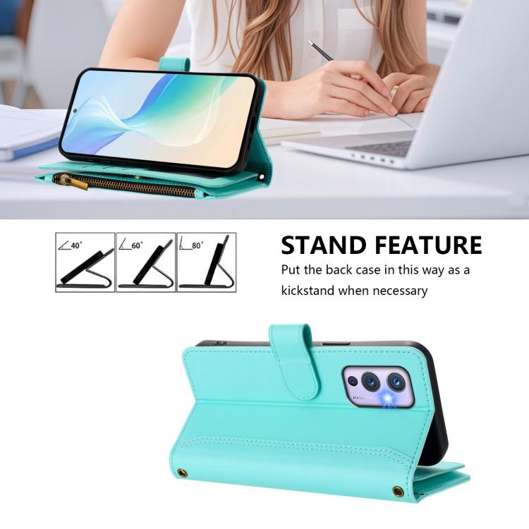 For OnePlus 9 Magnetic Closure 9 Card Slots Zipper Leather Case with Hand Strap