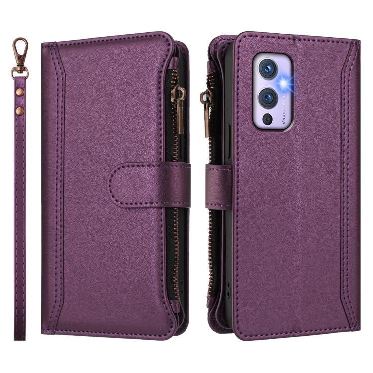 For OnePlus 9 Magnetic Closure 9 Card Slots Zipper Leather Case with Hand Strap