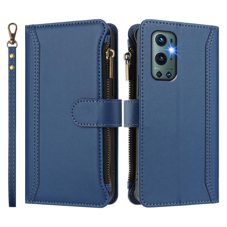 For OnePlus 9 Pro Magnetic Closure 9 Card Slots Zipper Leather Case with Hand Strap