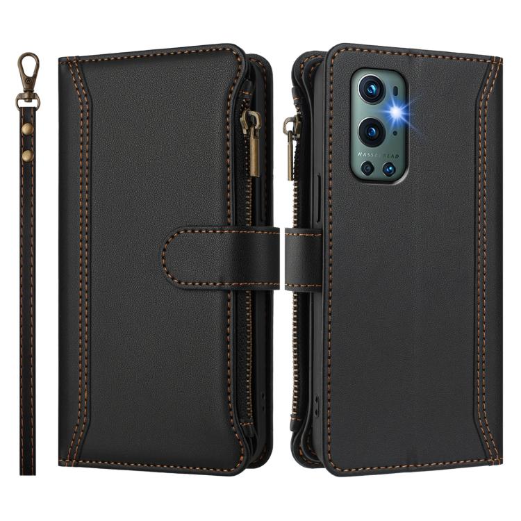 For OnePlus 9 Pro Magnetic Closure 9 Card Slots Zipper Leather Case with Hand Strap