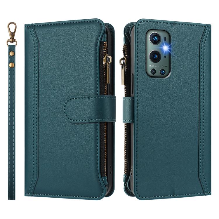 For OnePlus 9 Pro Magnetic Closure 9 Card Slots Zipper Leather Case with Hand Strap