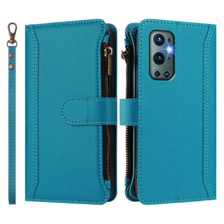 For OnePlus 9 Pro Magnetic Closure 9 Card Slots Zipper Leather Case with Hand Strap