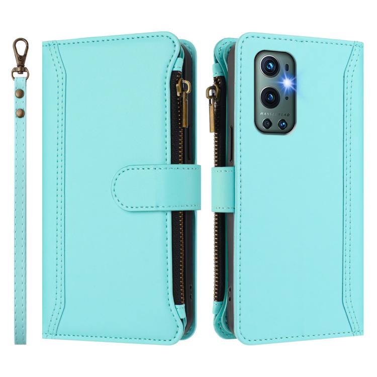 For OnePlus 9 Pro Magnetic Closure 9 Card Slots Zipper Leather Case with Hand Strap