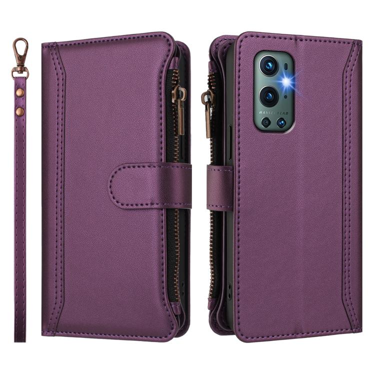 For OnePlus 9 Pro Magnetic Closure 9 Card Slots Zipper Leather Case with Hand Strap