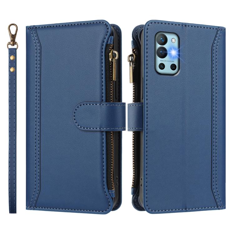 For OnePlus 9R / 8T Magnetic Closure 9 Card Slots Zipper Leather Case with Hand Strap