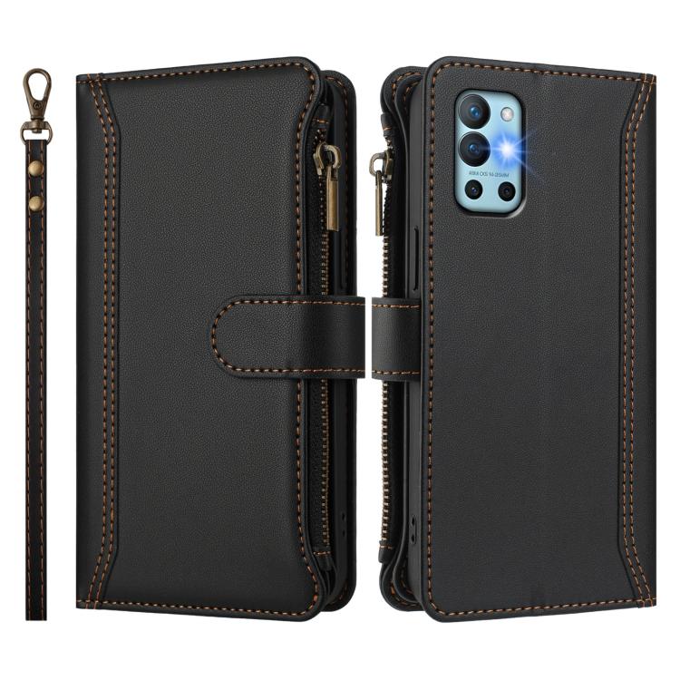 For OnePlus 9R / 8T Magnetic Closure 9 Card Slots Zipper Leather Case with Hand Strap