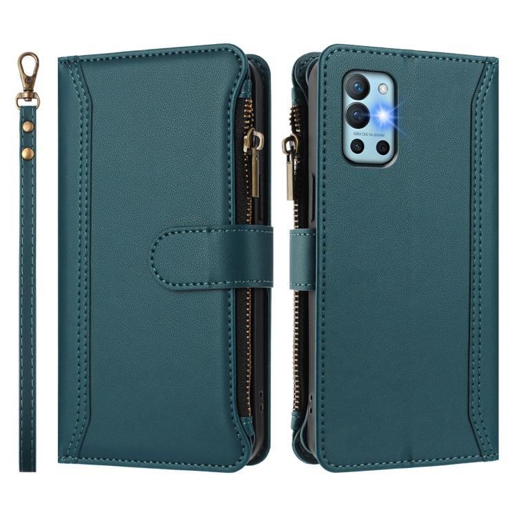 For OnePlus 9R / 8T Magnetic Closure 9 Card Slots Zipper Leather Case with Hand Strap