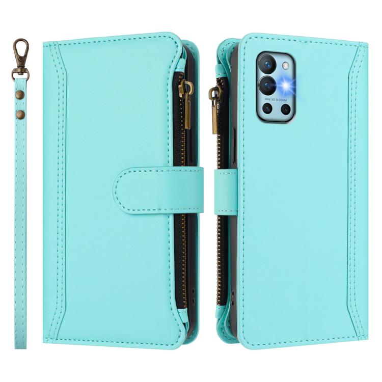 For OnePlus 9R / 8T Magnetic Closure 9 Card Slots Zipper Leather Case with Hand Strap