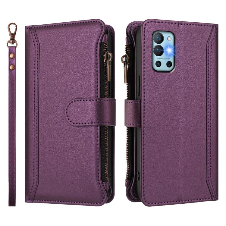 For OnePlus 9R / 8T Magnetic Closure 9 Card Slots Zipper Leather Case with Hand Strap