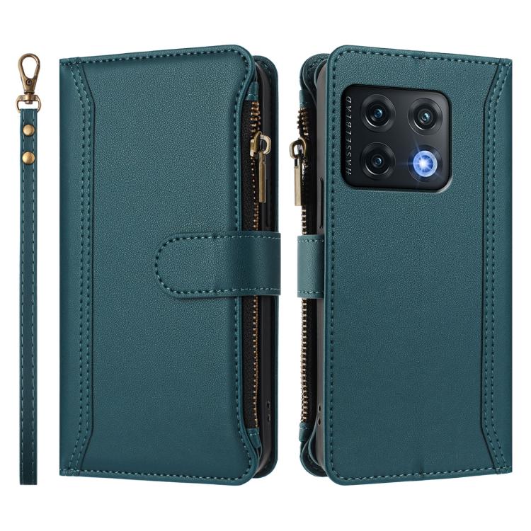 For OnePlus 10 Pro 5G Magnetic Closure 9 Card Slots Zipper Leather Case with Hand Strap