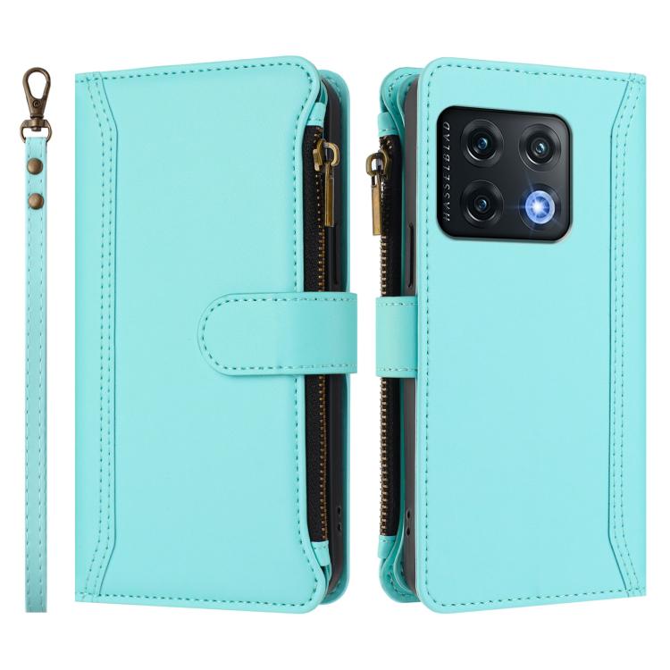 For OnePlus 10 Pro 5G Magnetic Closure 9 Card Slots Zipper Leather Case with Hand Strap