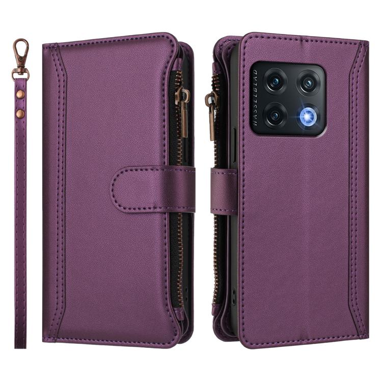 For OnePlus 10 Pro 5G Magnetic Closure 9 Card Slots Zipper Leather Case with Hand Strap